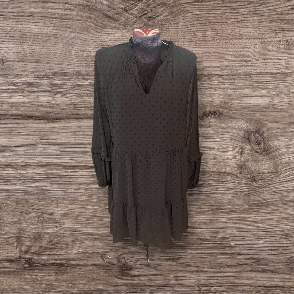 Cece Black Swiss Polka Dot Long Sleeve Ruffle Dress Size Medium NWT